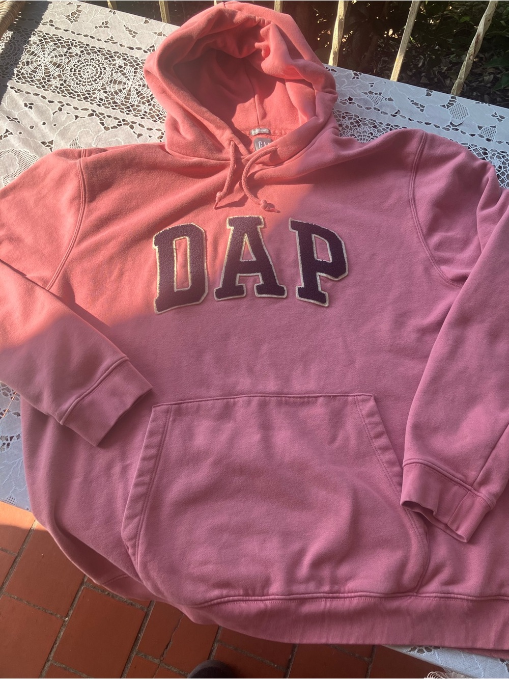 Dapper Dan x Gap DAP Logo Hoodie Rose Pink Chenille Arch Spellout Sweatshirt